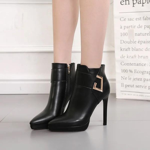 

boots botas femininas women classic pu leather side zipper stiletto heel for autumn lady casual g9044, Black