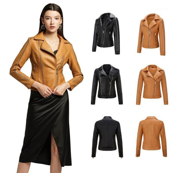 

autumn pu leather jacket women fashion slim fit turn down collar women's short style coat female & faux, Black