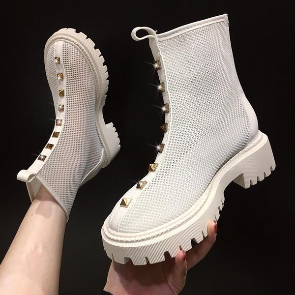 

boots women thin sandals summer british style hollow mesh breathable short thick sole rivet, Black