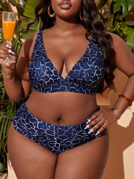

plus marble print bikini swimsuit 58pu#, Black