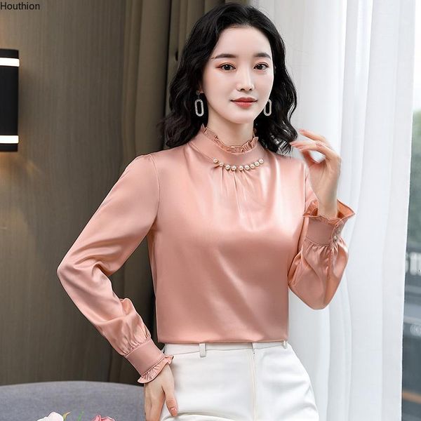 

women's blouses & shirts houthion silk slim commuter blouse beading v-neck pullover fashion long sleeve lady blusas, White