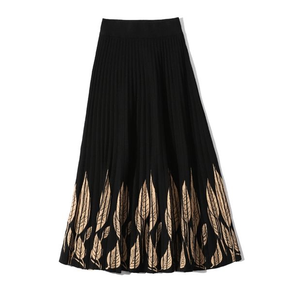 

autumn winter women's skirt ethnic printed knitted slim high waist mid-length female pleated s gx452 210507, Black