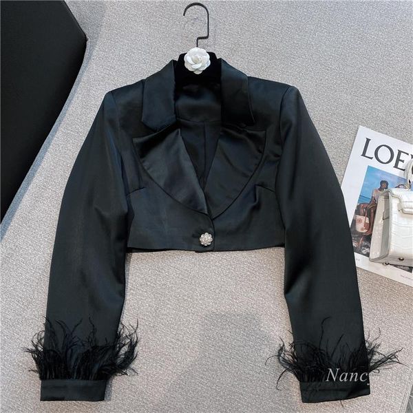 

women's suits & blazers fall short blazer women korean style slimming feather sleeve satin suit jacket lady chic white black coat femm
