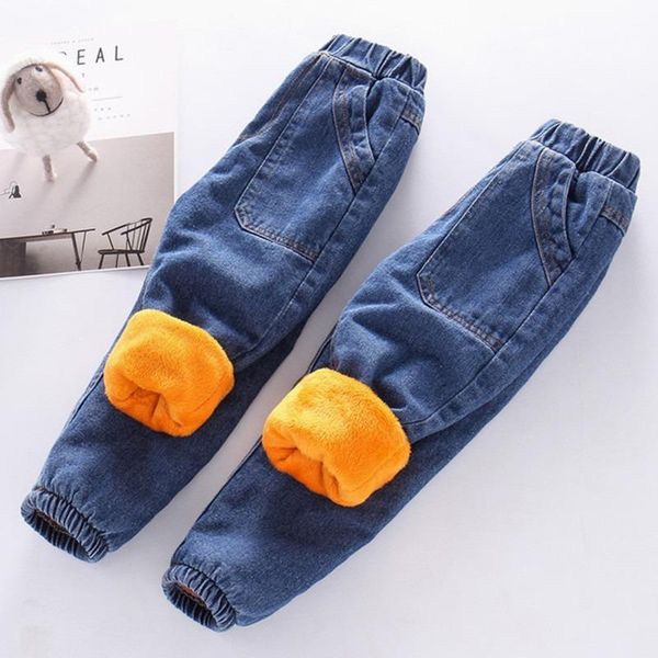 

jeans winter warm kids plus velvet children denim pants baby boys girls thick fleece, Blue