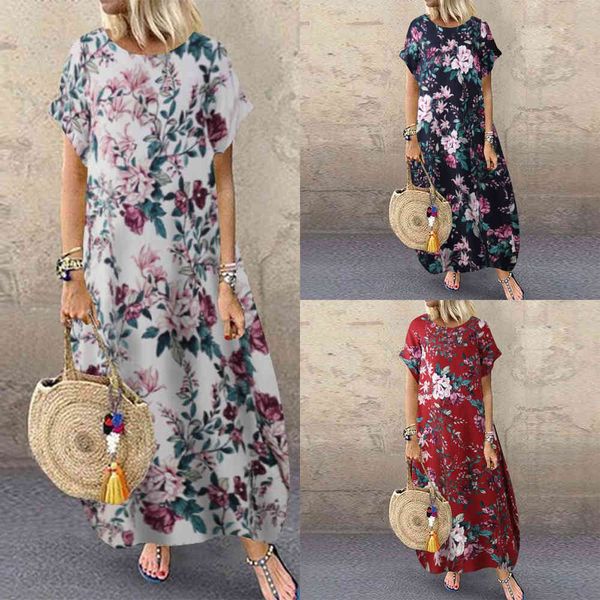 

zanzea 2021 fashion summer beach dress women's printed sundress casual short sleeve maxi vestidos female floral robe oversized x0521, Black;gray