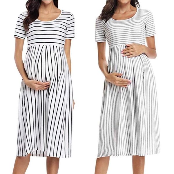 

maternity dresses ladies dress simple striped breastfeeding skirt casual clothes, White