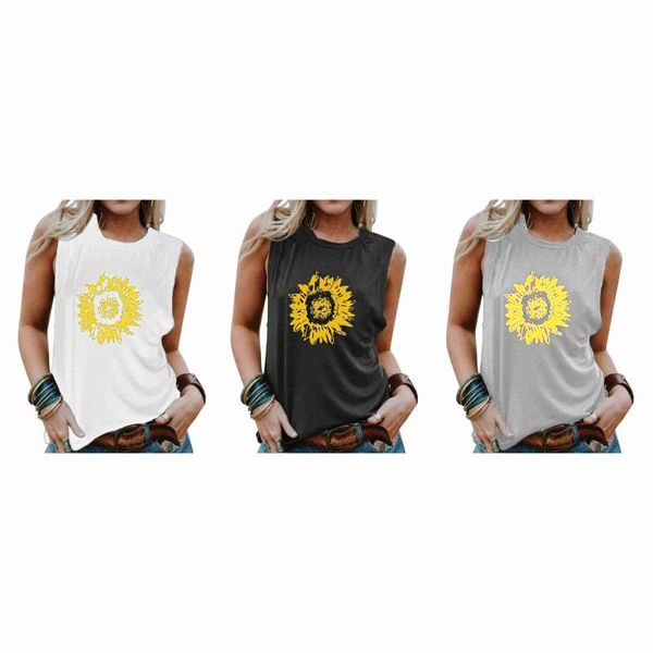

women's t-shirt sunflower printed round neck loose casual sleeveless vest, White