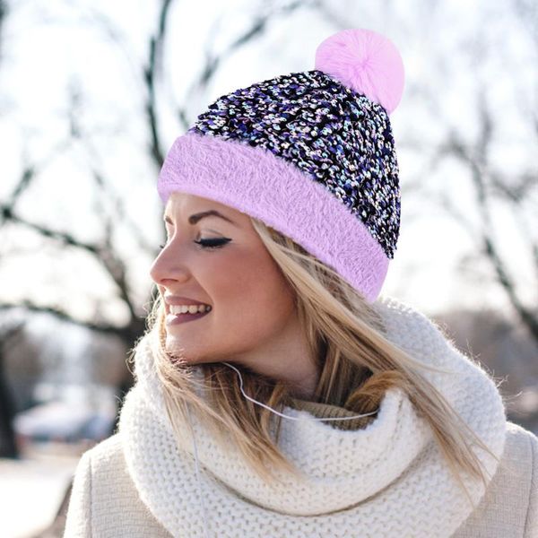 

beanies 40# women casual crochet cap winter warm knit ski with real pom poms color matching warmer bonnet snow caps
