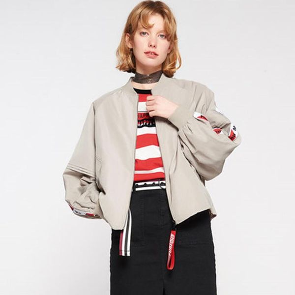 

women's jackets letter autumn women spliced spring print puff sleeve zipper o-neck outerwear female loose casual fashion comfortable co, Black;brown