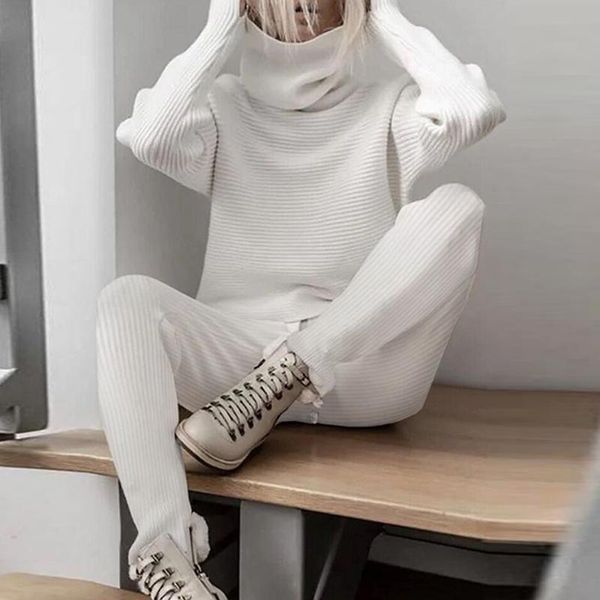 

women's two piece pants 2021 autumn winter knit two-piece sets elegant women stand neck long sleeves and pant ladies casual solid leis, White