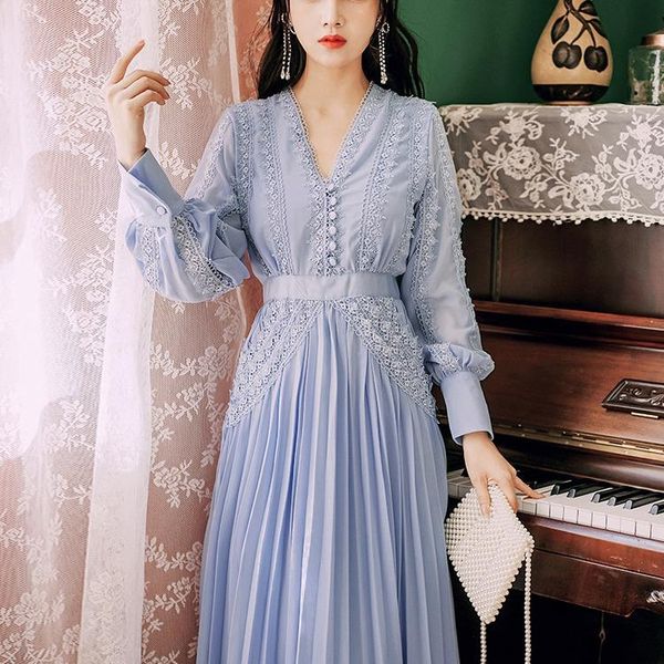 

splicing v-neck lace chiffon long dress fairy pleated casual dresses, Black;gray
