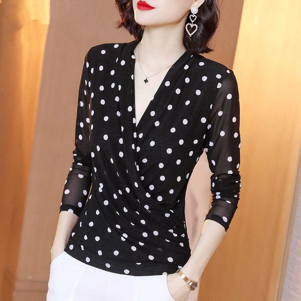 

women spring summer style lace blouses shirts lady casual v-neck polka dot printed lace blusas dd8051, White