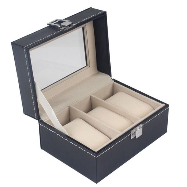 

watch boxes & cases 3 slots watches box pu glass wristwatch bracelet jewelry display case holder storage for home bathroom (black), Black;blue