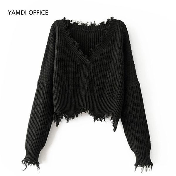 Yamdi Mulheres Borla Camisola Outono Inverno Sólido Laranja Branco Black Black Blackped Jumpers V Neck Sexy Tricotado Pullover 211007