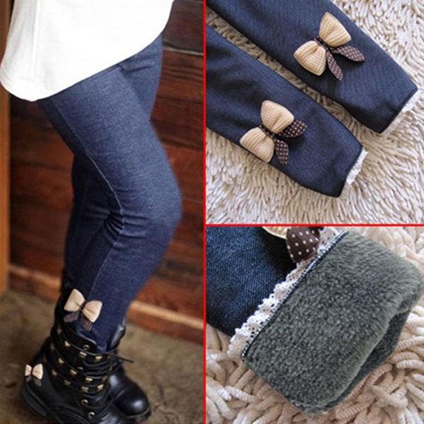 

trousers thick jeans girls and children, , winter, spring, bow, children's leggings baby bell bottoms leather pants, Blue
