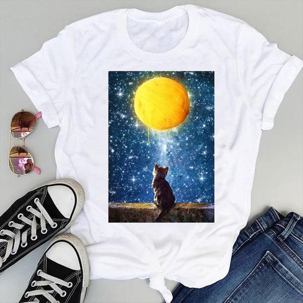

cartoon star moon space womens t shirts cute animal short sleeve graphic summer fashion print female clothes tees shirt, White