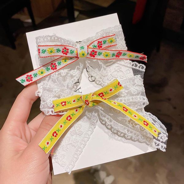 

hair accessories spring embroidery flower girl lace bow hairpin korean net red headwear, Slivery;white
