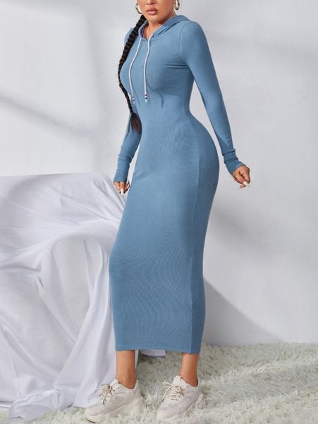 

ribbed knit solid drawstring hooded bodycon dress e7fk#, Black;gray