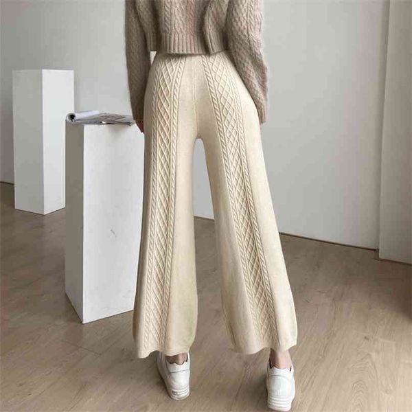 

autumn winter women pants knitting package hip high waist wide leg warm wild ankle-length trousers p1188 210427, Black;white