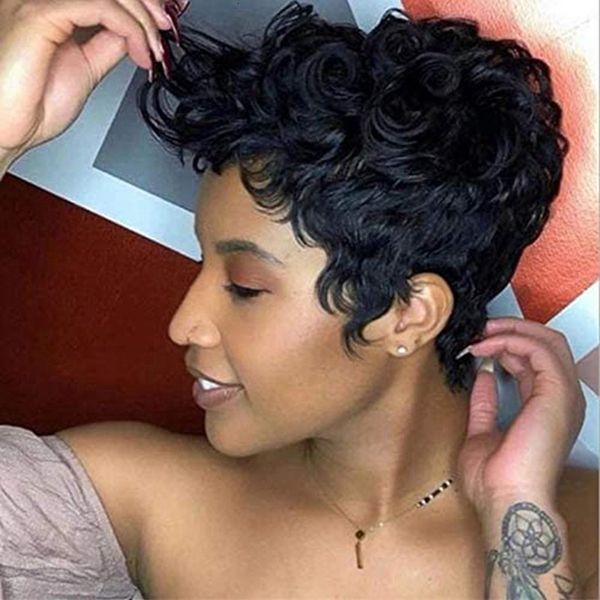 

women fluffy natural short curly hair chemical fiber wig headgear, Black