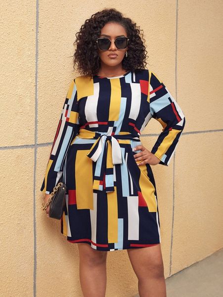

plus geo print colorblock belted dress n0be#, Black