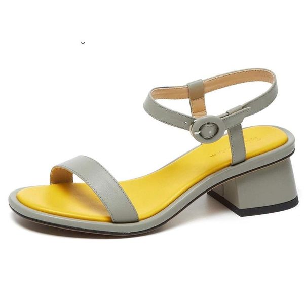 

genuine leather round toe med heels high fashion mixed colors summer shoes buckle straps mules women sandals l8f1, Black