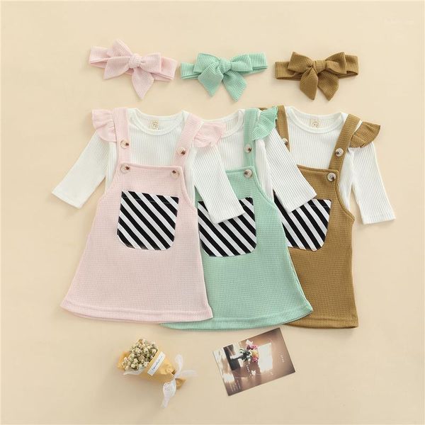 

clothing sets infant baby girls cute 2pcs suit fashion solid color long sleeve romper and waffle suspender dress with pocket 0-12months1, White