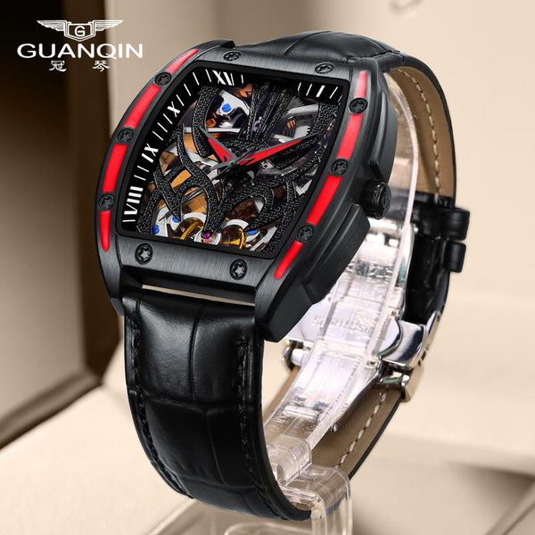 

wristwatches tonneau men mechanical guanqin skeleton automatic watch sapphire luminous leather waterproof montre homme, Slivery;brown