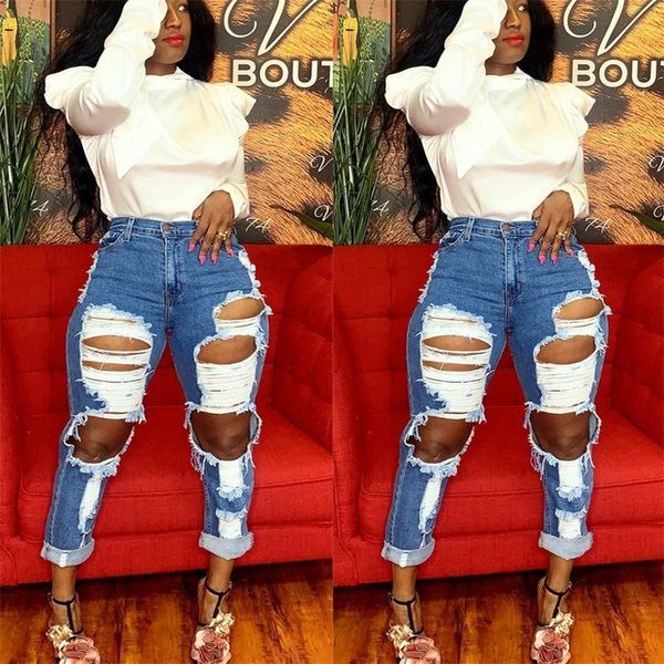 

european and american big ripped jeans fashion beggar pants for women cargo woman women's, Blue