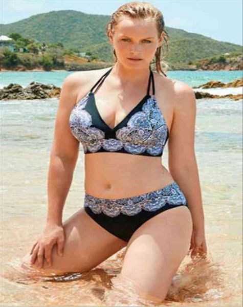 

stylish plus size 2 piece women tracksuits set swimwear bandage push up padded halter neck bathing suit xl 5xl, Gray