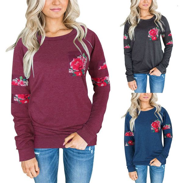 

women's t-shirt trendy women long sleeve round neck ladies floral pocket pullover t-shirts one pieces sweatshirt for womens w, White