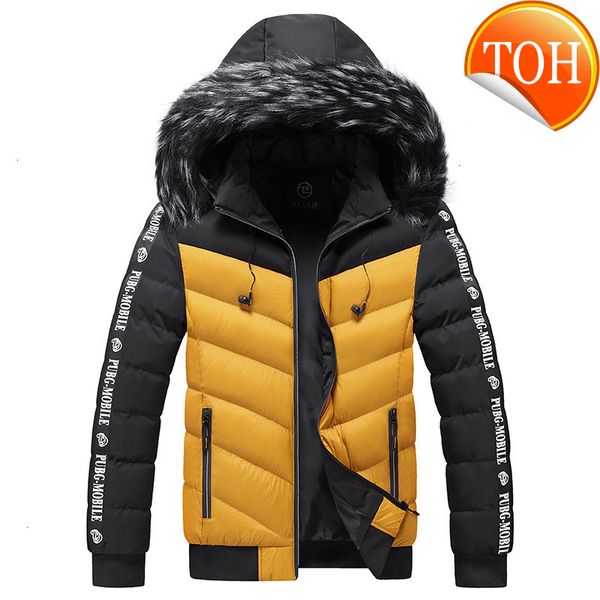 

fur 2021 winter jacket men collar hooded thick warm cotton outwear man patchwork parka and coats windbreaker parkas male m-5xl, Black