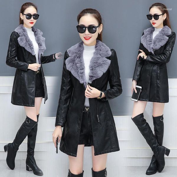 

women's leather & faux fashion korean black pu jacket women elegant long coat autumn and winter warm slim plus velvet coat1