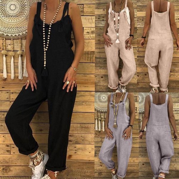 

women's jumpsuits & rompers women summer strappy casual loose dungarees harem overalls solid one piece cotton linen long pants, Black;white
