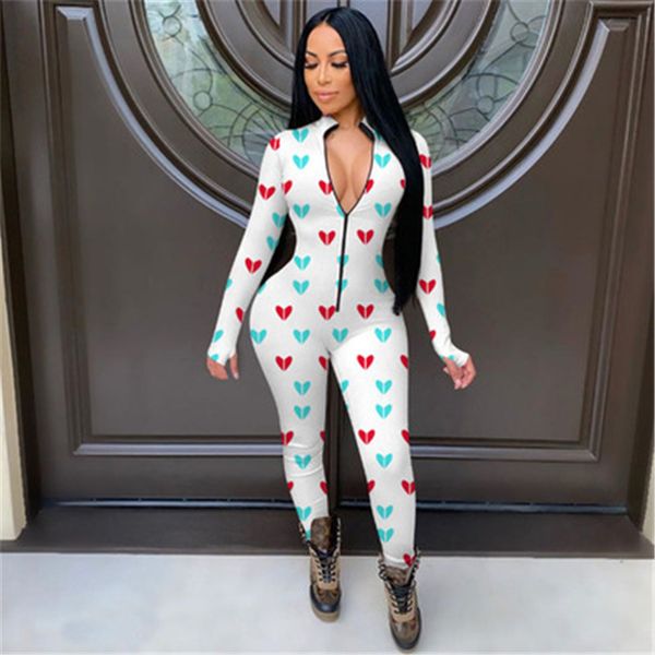 

women valentine's day printing rompers fashion trend long sleeve zipper neck trousers designer female high waist slim jumpsuits a2032, Black;white