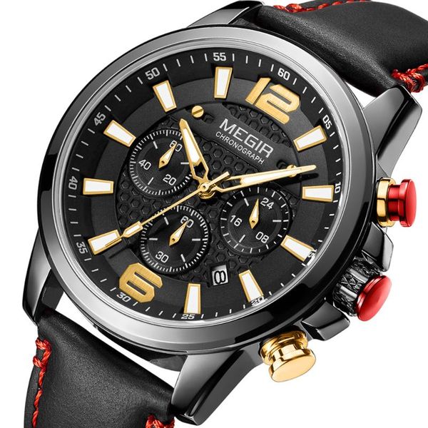 

men chronograph wrist watches multi-functional calendar quartz sport watch military leather strap male fashion bracelets clock wristwatches, Slivery;brown