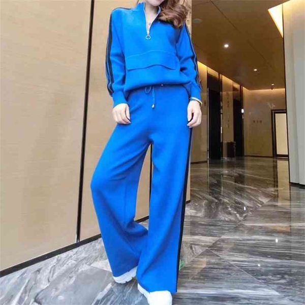 

spring knitted casual sports suit female foreign style fashionable sweater wide leg pants two-piece 210520, White