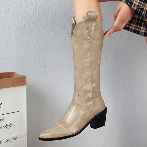 

boots women knee high cowboy western fashion pointed toe sewing shoes female heels thick ladies autumn winter1, Black