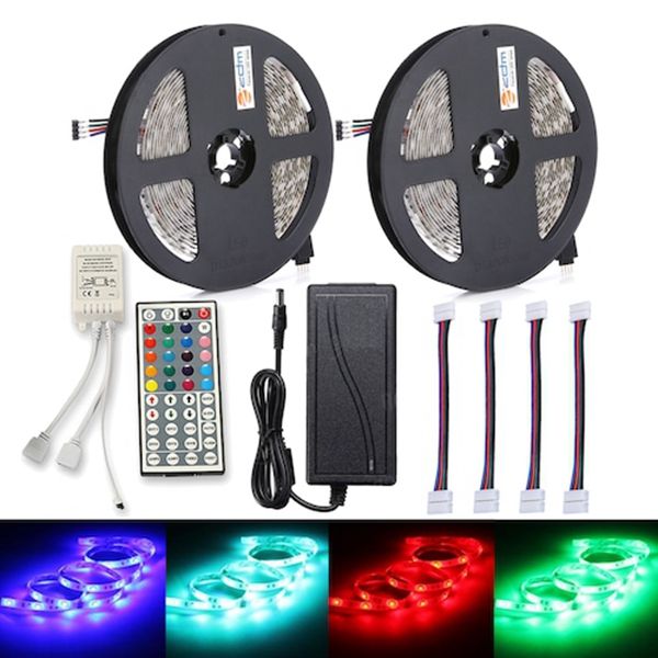 ZDM 2PCS 150 x 5050 RGB LED Strip Light 44Key IR Remoto Controller12V 6A fonte de alimentação com 4 pcs RGB Linha de conexão