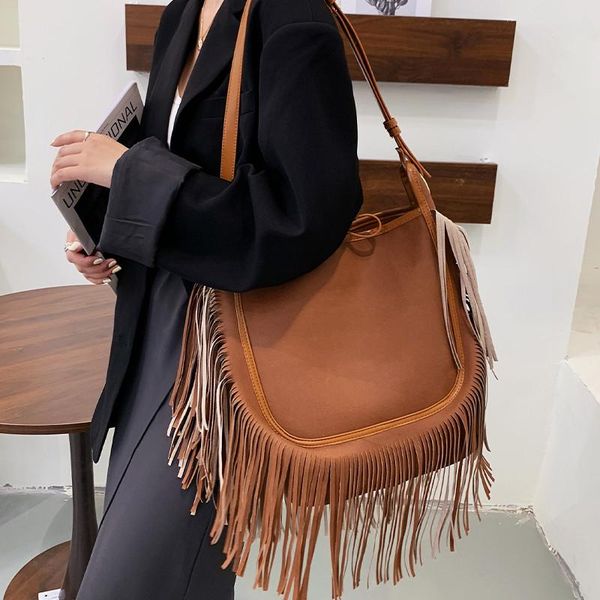 

evening bags vintage tassel women shoulder quality pu leather female bucket crossbody large capacity ladies handbag bolsa brown