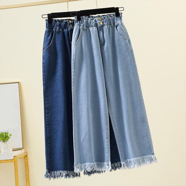 

5xl plus size straight spring womens jean autumn tassels blue loose denim trousers elastic waist wide leg pants