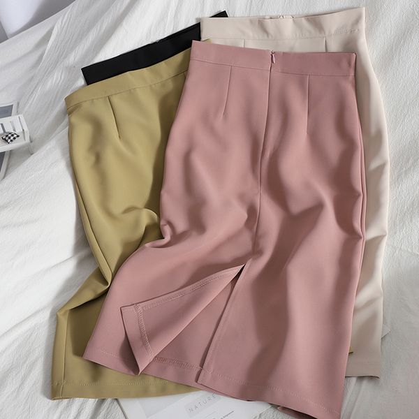 

korean vintage midi skirt for womens summer solid color high waist bag hip elegant back split one-step office lady 210420, Black