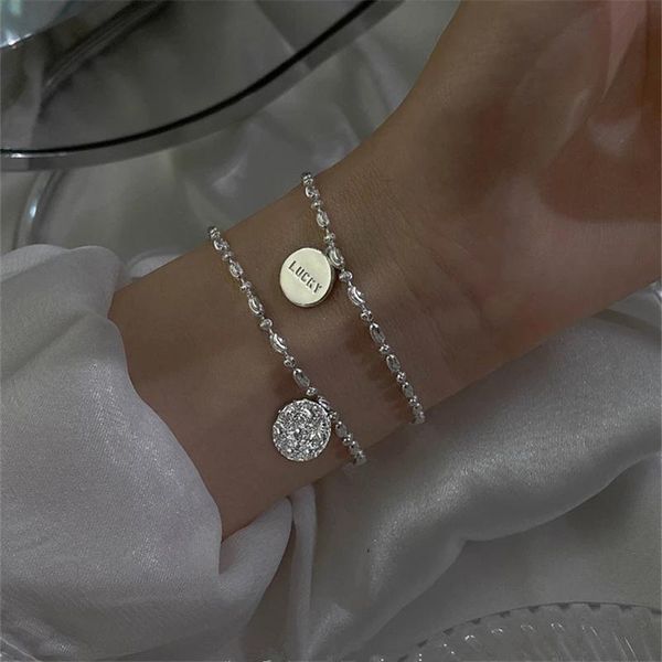 

charm bracelets aomu 2021 summer french silver color metal thin round lucky bracelet fashion shiny long necklace for women party accessories, Golden;silver