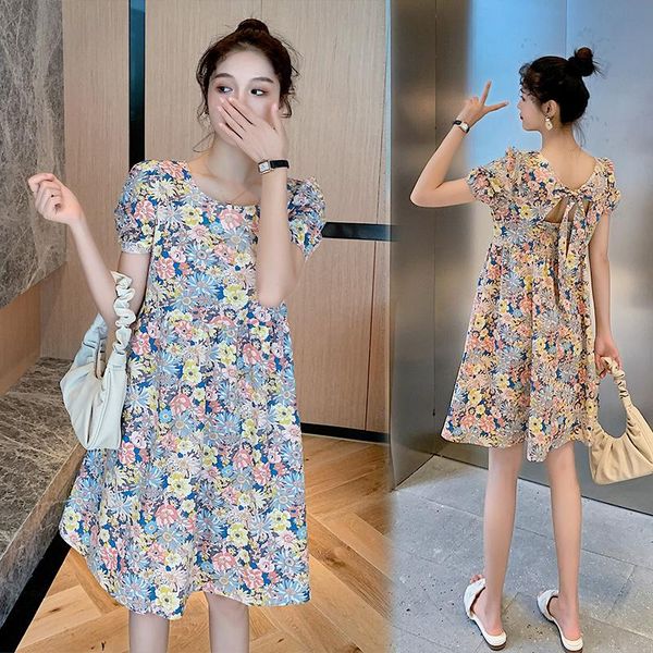

6994# maternity clothes summer o neck floral dress short sleeves easy matching loose stylish pregnant women mom dresses, White