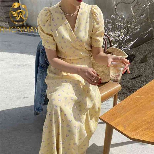

korea fashion printing floral summer dress bodycon midi women v neck short sleeve chic elegant vintage es 210506, Black;gray