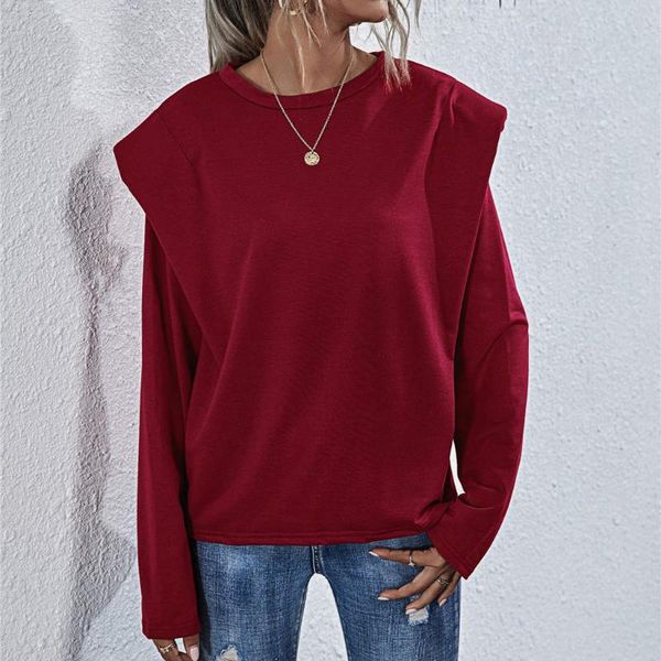 

women's blouses & shirts shoulder pad casual blouse women loose long sleeve o neck pullover and for solid color femme 40#, White