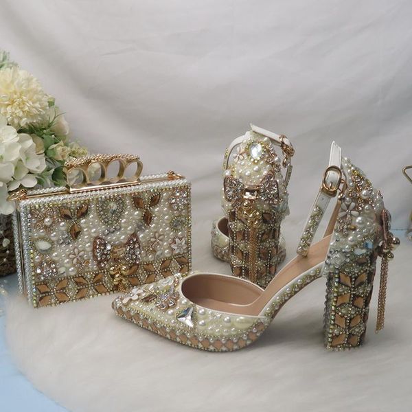 

dress shoes 2021 luxury crystal wedding with bags women's thick high-heeled sandals party pointed and, Black