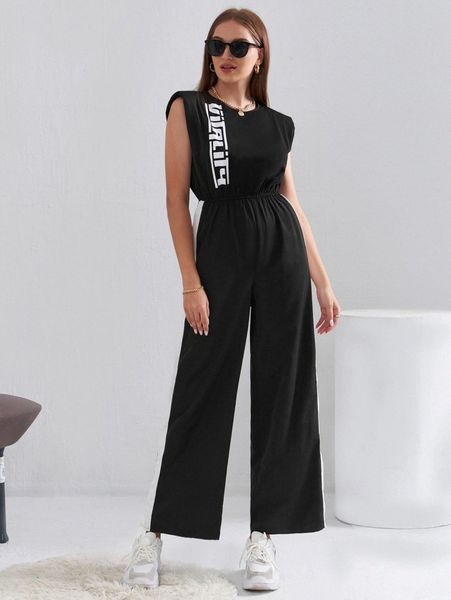 

letter graphic contrast side seam shoulder pads wide leg jumpsuit r5iz#, White