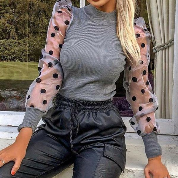 

women shirts elegant womens polka dots sheer mesh polyester see through puff long sleeve knitted high turtleneck blouse top, White