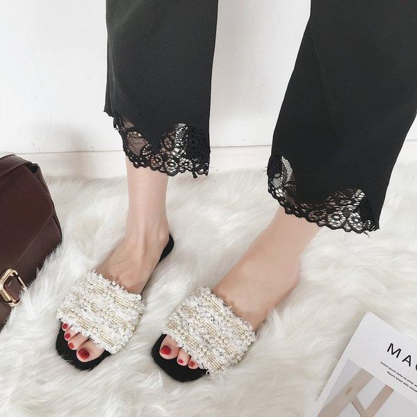 

slippers bling pearl patchwork elegant outside fashion women beach flat slides fringe solid leisure summer shoes, Black